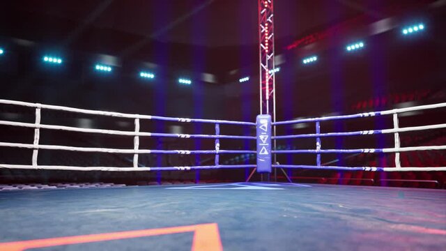 Empty boxing arena waiting new round . fly camera 4k hi quality video render. High quality 4k footage