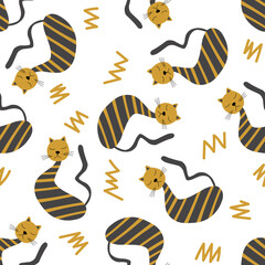 Vector flat illustration with silhouette cute cat. Seamless trendy pattern in scandinavian style on white background. Design for card, poster, fabric, textile