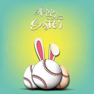Happy Easter. Baseball ball with ears rabbit