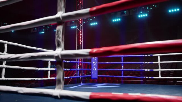 Empty boxing arena waiting new round . fly camera 4k hi quality video render. High quality 4k footage