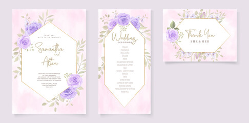 Elegant wedding invitation template with floral purple