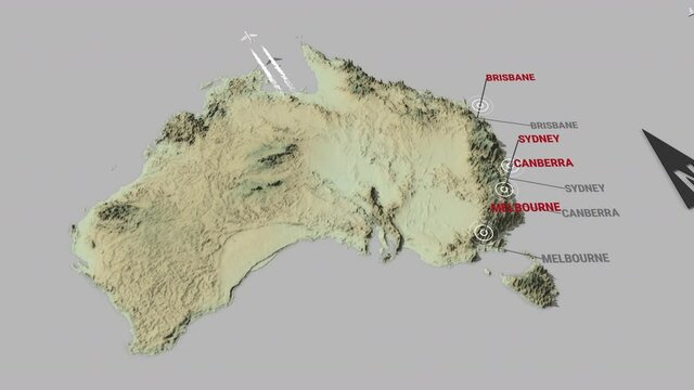 Seamless looping animation of the 3d terrain map of Australia with the capital and the biggest cites in 4K resolution