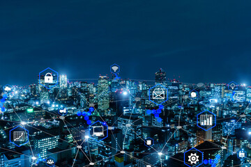 smart city. global media link connecting on night city background, digital, internet, communication, networking, partnership, smart city, business finance, network connection and technology concept