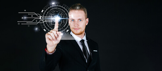 caucasian business man in black suit hand touching virtual screen fingerprint with global media link connecting on dark background, internet network security, investment and digital technology concept