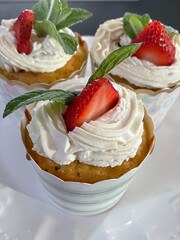 Strawberry shortcake cupcakes with fresh mint
