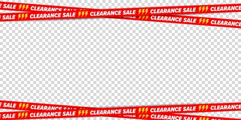 Clearance sale ribbon border frame for discount advertising. Crossed restriction tape on transparent background. Decoration element for banner, poster, brochure and flyer vector illustration - obrazy, fototapety, plakaty