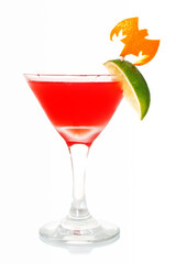 red cocktail with lime and orange