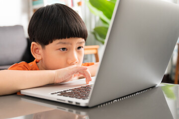 Cute and smart young Asian boy looking at laptop computer and scroll on trackpad to interact with...