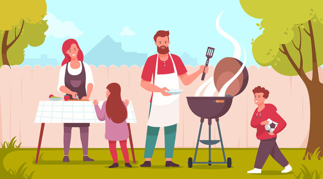 Happy family doing barbecue at garden. Mother, father and children spending time in backyard. Family preparing food outdoors. Summer BBQ. Vector illustration.