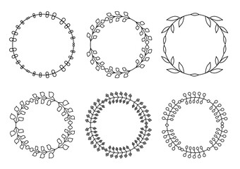Branch circle line set. Flourish retro ornament divider. Herbal ornate doodle design elements. Vintage botanical border. Wedding invitation, greeting card, scrapbook stamp, winner wreath floral decor