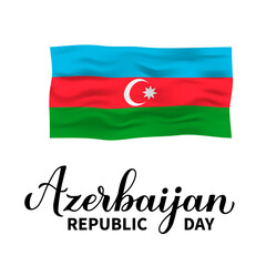 Azerbaijan Republic Day calligraphy hand lettering with flag isolated on white. National holiday celebrated on May 28. Vector template for typography poster, banner, greeting card, flyer, etc