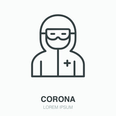 Corona virus flat line icon. Vector thin sign for hospital logo. Hospitals schools public places can also be used illustration