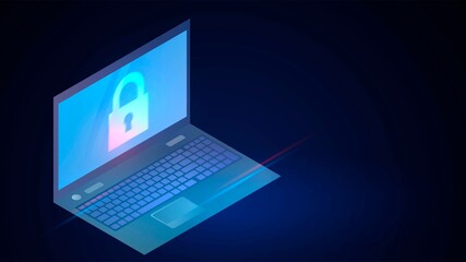 Laptop with glowing the lock icon on the screen on a dark background, cybersecurity and encryption concept