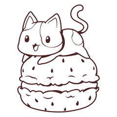 Cartoon line art. Cute macaron and cat doodle. Cute character cartoon. Kawaii style design. coloring page. They are great for decoration or as part of a design.