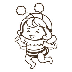 Cartoon line art. Little girl wearing a bee costume jumps out and dances for joy. cute character cartoon. Kawaii style design. coloring page. They are great for decoration or as part of a design.