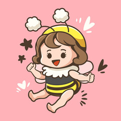 Cute bee girl, Little girl wearing a bee costume is smiling cheerfully, Cute design kawaii style, Cute cartoon characters, Cute little bee girl clipart, Printables vector graphics illustrations.
