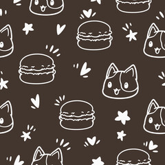 Vector cartoon illustration of cute cat and macaron, doodle style and dark brown background. Seamless pattern. Repeat pattern. They are great for decoration or as part of a design.