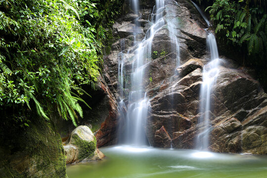 Zooming Out On A Beautiful Natural Waterfall Found In A Tropical Forest In Ecuador, South America