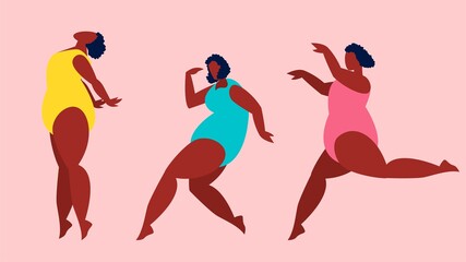 Black plus size woman in swimsuit dancing, girl in different poses