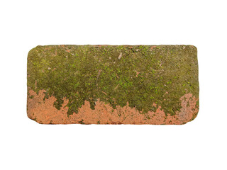 Old red brick with moss, isolated on white background