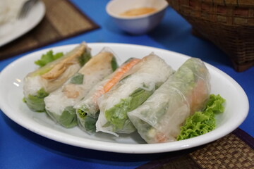 Spring rolls ordered at a restaurant in Cambodia.