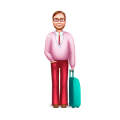 stylized intelligent male traveler in pink and red clothes with an azure suitcase
