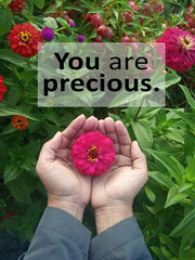Inspirational quote - You are precious. With top view of person holding a red flower in hands on...