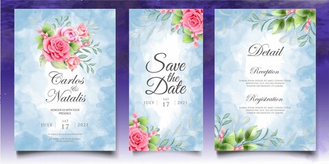 Fototapeta na wymiar Watercolor Bloom Roses Wedding Card Set