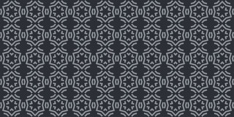 Dark background pattern with gray geometric ornament on a black background, wallpaper. Seamless pattern, texture. Vector graphics