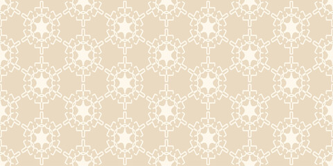 Decorative background pattern with white ornaments on a beige background in retro style, wallpaper. Seamless pattern, texture. Vector illustration