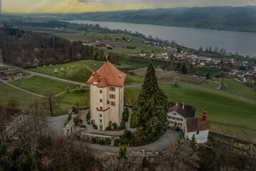 swiss castle with view of the lake 