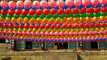Daegu , Korea-April-20-2021 Lotus lanterns hung in Korean temples to celebrate Buddha's birthday