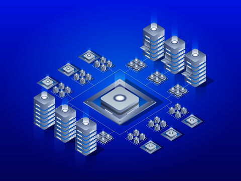 cloud server illustration, crypto blockhain mining center, data center isometric, web hosting & cloud storage, internet archieve 3d scene design with blue background
