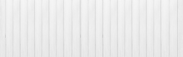 Panorama of New white vintage wooden wall texture and background seamless or a white wooden fence