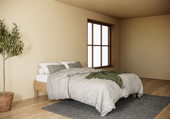 Fototapeta na wymiar Interior of Japandi style bedroom with large window. modern scandinavian apartment design. 3d render background