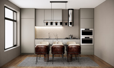 modern scandinavian room interior design with furniture, dining room and kitchen in the urban apartment style. 3d rendering background