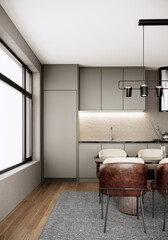 modern scandinavian room interior design with furniture, dining room, large window and kitchen in the urban apartment style. 3d render vertical background