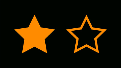 Set of stars icons. Collection of orange star sparkle symbols isolated on black background. Flat design. Magic particle vivid for decorative for festive. Fantasy elements. Vector illustration.