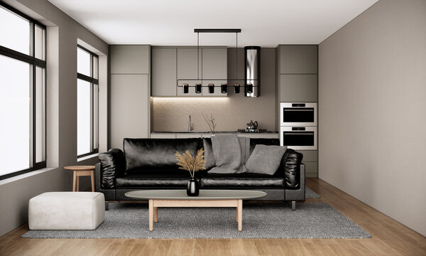 modern scandinavian room interior design with furniture, black leather sofa, large window and kitchen in the urban apartment style. 3d rendering background