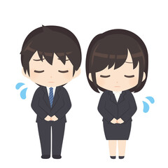 謝罪するビジネススーツ姿の男女