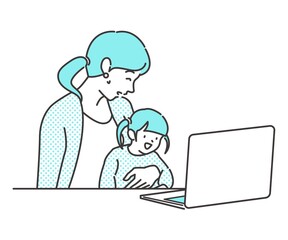 子供を抱いている母親とノートパソコンのイラストカット リモートワーク オンライン帰省