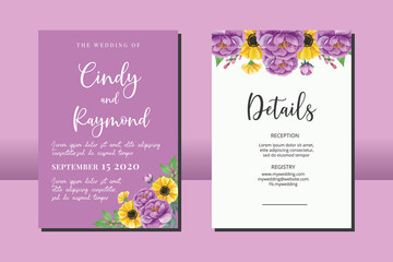 Wedding invitation frame set, floral watercolor hand drawn Anemone and Peony Flower design Invitation Card Template