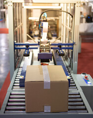 Carton on roller conveyor. Automatic carton tape sealing machine. Industrial logistics warehouse