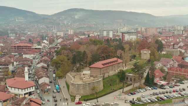Aerial view of the Novi Pazar Fortress in the city of Novi Pazar, Raska district, Serbia on foggy day