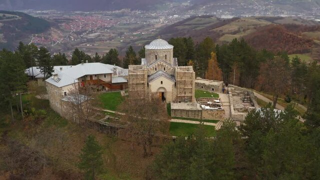 Djurdjevi Stupovi Monastery of Serbian Orthodox Church dedicated to St. George. Aerial establishing shot