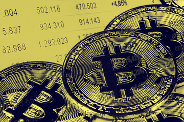Bitcoins and stock market or forex trading graph and candlestick chart suitable for financial investment concept. Economy trends background for business idea and all art work design