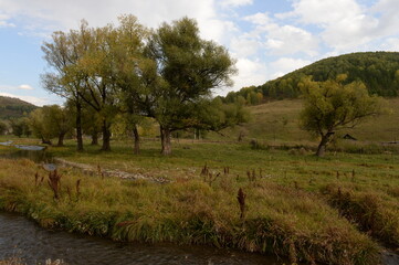 Mountain landscape in the vicinity of the taiga village of Generalka, Altai Krai. Russia