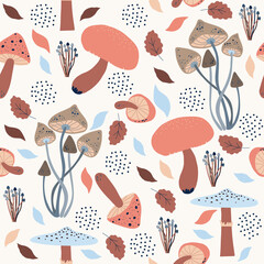 Seamless pattern, nature,  drawing of a forest mushroom, leaves,  brown, blue  color,  design on white background,  vector illustration, botanical elements, style of minimalist, hand drawn. 