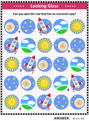 Space exploration themed visual puzzle or picture riddle: Can you spot the row that has no mirrored copy? Answer included.
