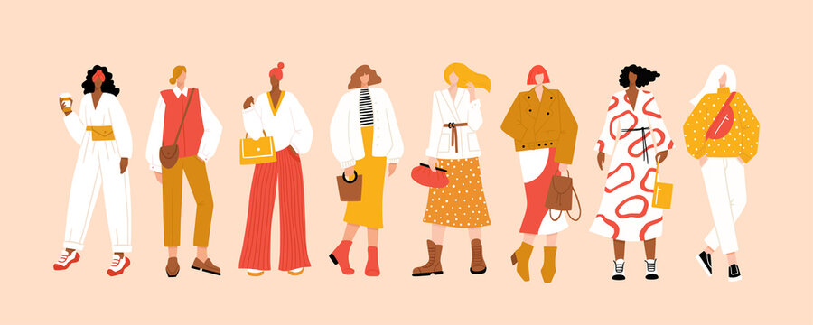 Group of diverse young modern women wearing trendy clothes. Casual stylish city street style fashion outfits. Woman power concept banner. Hand drawn characters colorful vector illustration.
